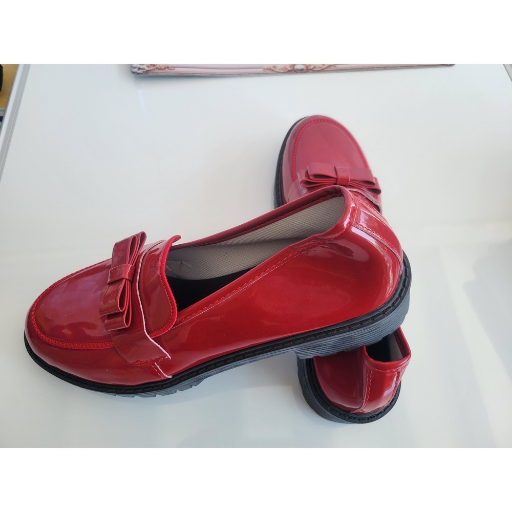 Red Patent Bow Loafers Lug Sole Slip On Shoes Size 43 - Picture 6 of 7